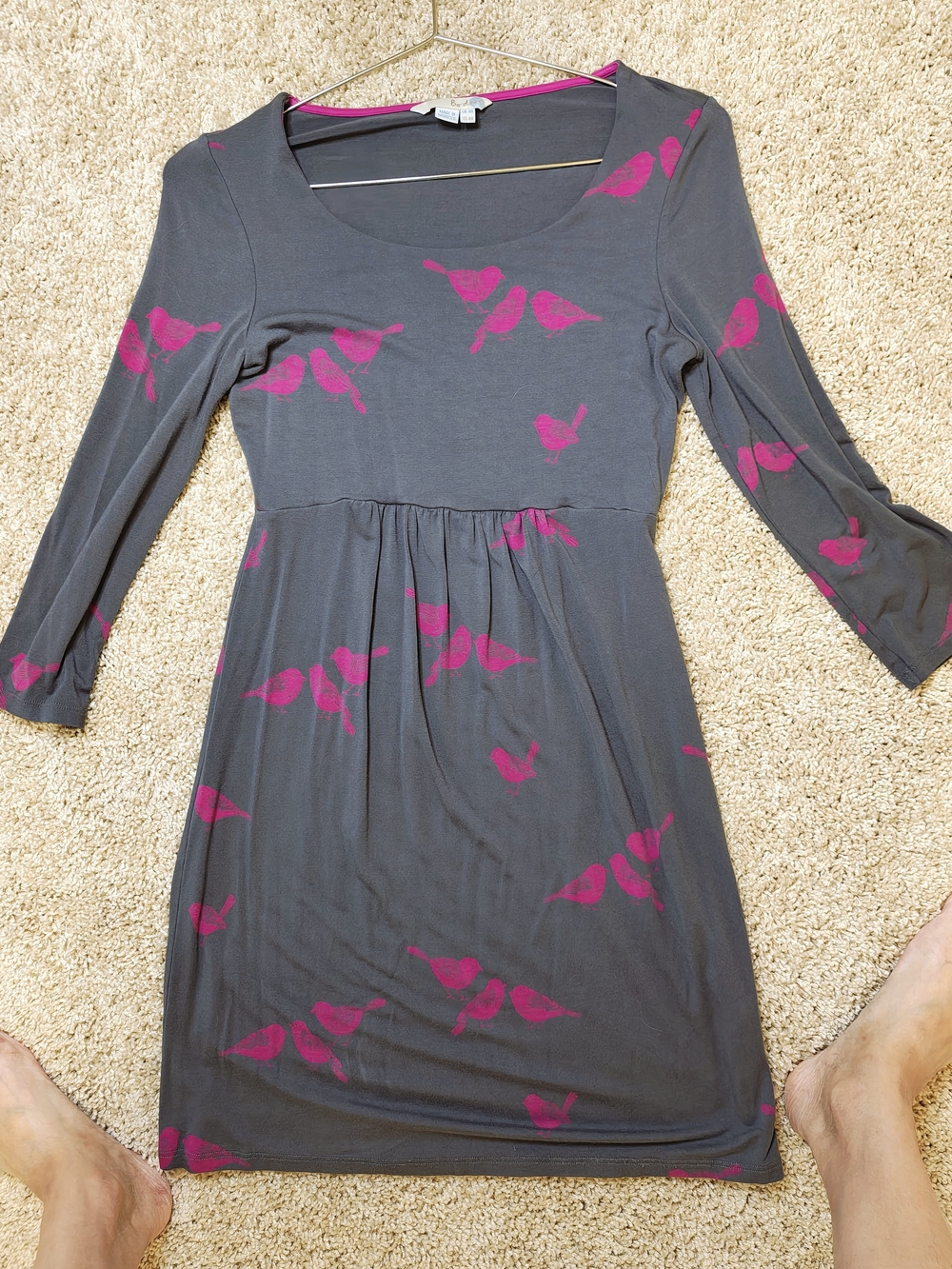 Boden Phoebe Gray Scoop-Neck Mini Dress with Pink Bird Print